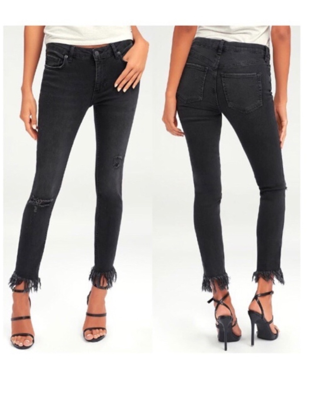 Free People Great Heights Frayed Skinny Black Distressed Ankle Jeans Fringe 31